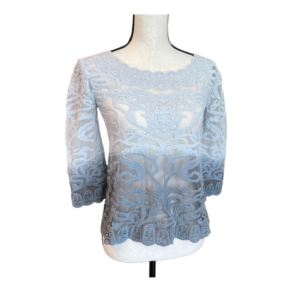 Meadow Rue Anthropologie Womens Caela Motif Ombre Lace Gray Half Sleeve Top S